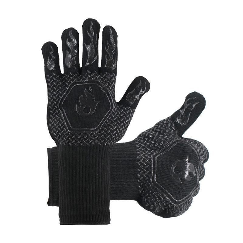 BBQ Gloves 800°C Heat Oven Grill Non-Slip Fireproof Resistant Silicone Kitchen - Black