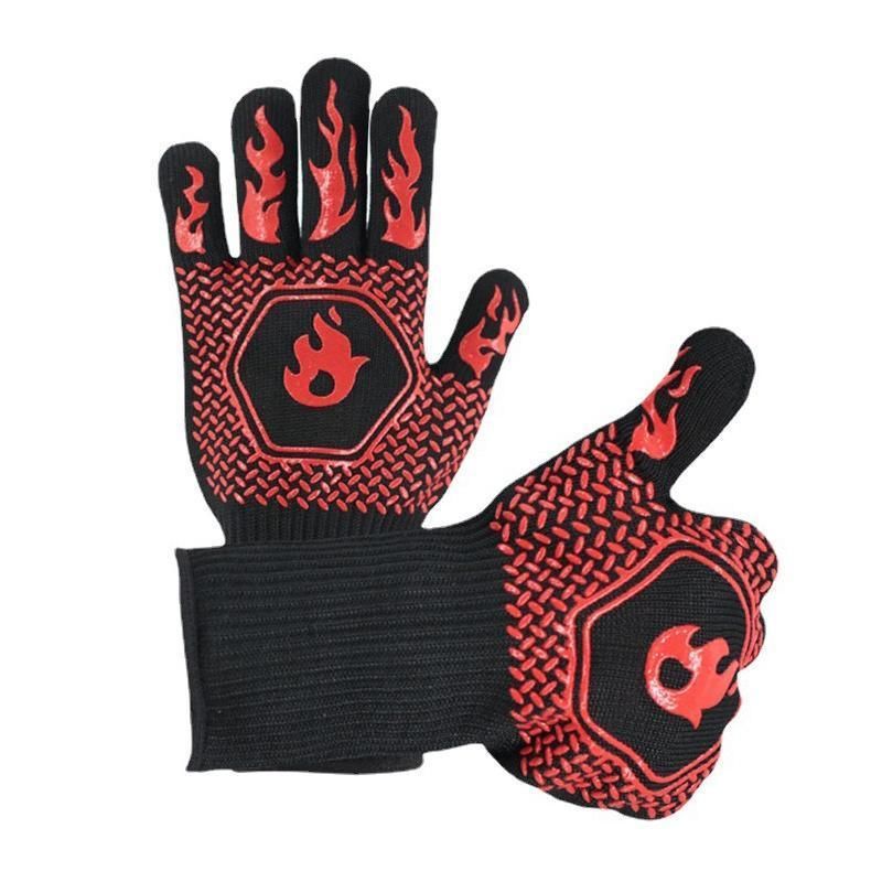 BBQ Gloves 800°C Heat Oven Grill Non-Slip Fireproof Resistant Silicone Kitchen - Red