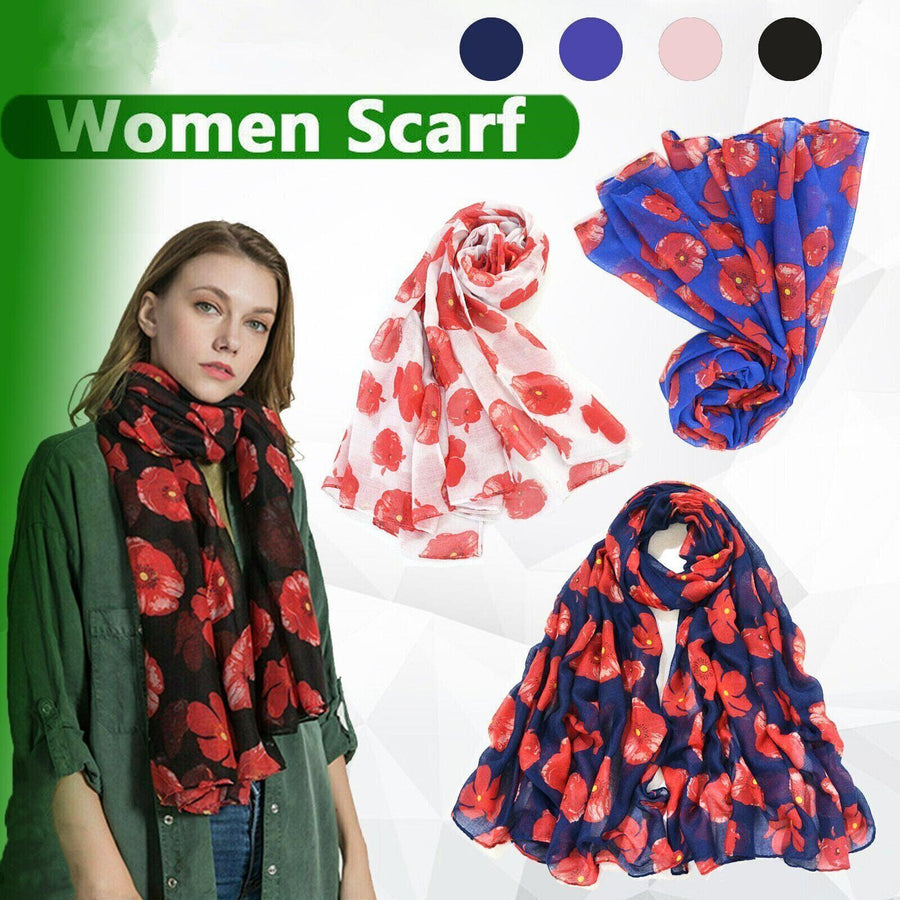 Women Ladies Poppy Print Floral Scarf Remembrance Day Poppies Scarves Wrap Shawl - Royal Blue