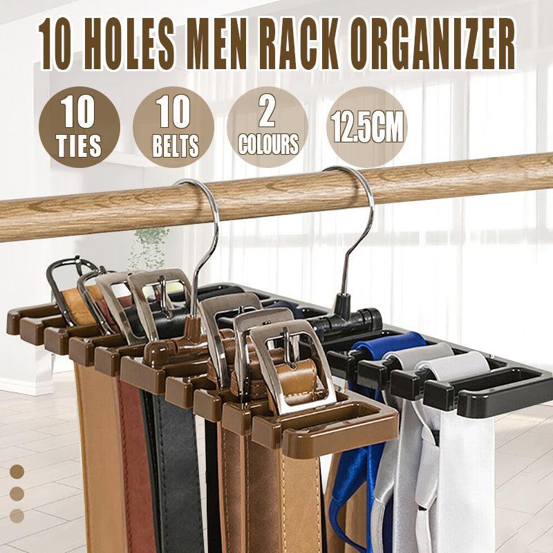 10 Slot Tie and Belt Hanger for Wardrobe Mens Closet Rack Organiser Hook - Black