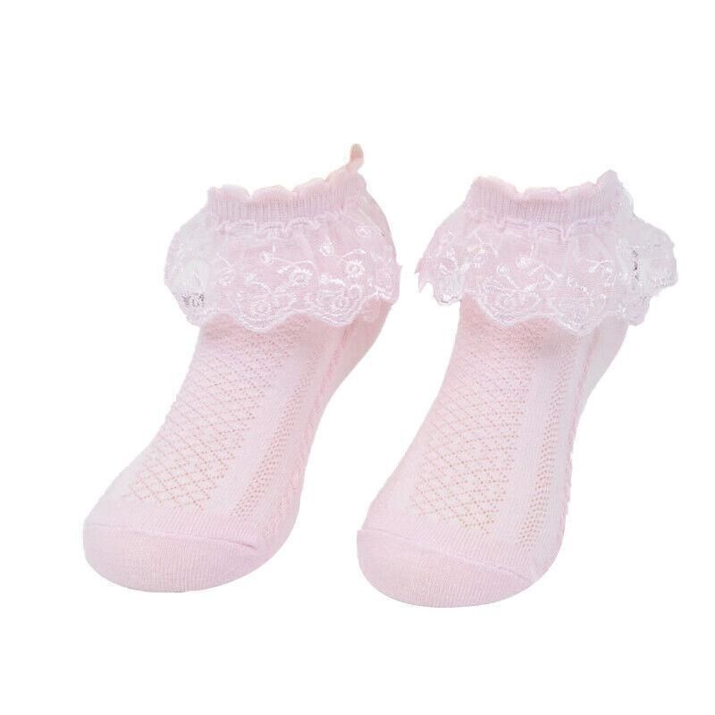 Lace Ruffle Frilly Short Socks for Girls Ankle Length S Size Fits 1-3 Years - Pink