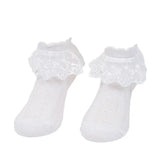 Lace Ruffle Frilly Short Socks for Girls Ankle Length S Size Fits 1-3 Years - White
