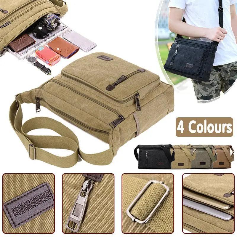 Retro Canvas Messenger Shoulder Bag for Men Travel Crossbody Satchel with Zippers - Khaki