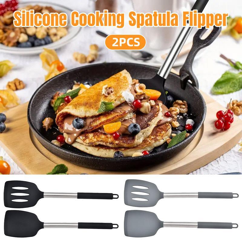 2pcs Silicone Cooking Utensils Stir Fry Spatula Kitchen Tools Non Stick Cookware - Grey