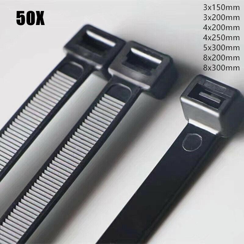 50X Cable Ties Zip Ties Nylon Uv Stabilised Black Cable Tie - 7.2*300mm