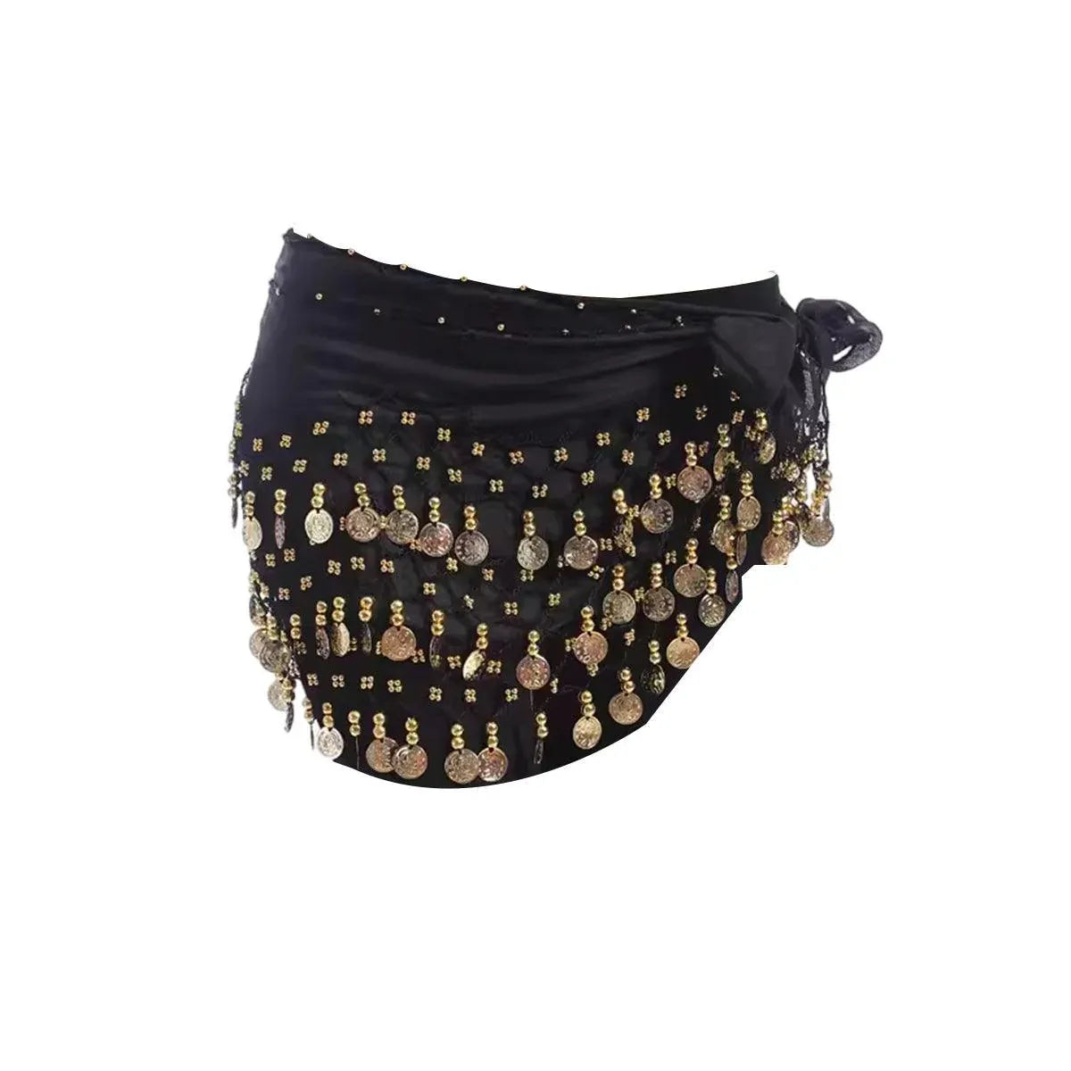 1X 3Rows Belly Dance Dancing Hip Scarf Belt Chain Skirt Golden Tone 98 Coin Bead - Black