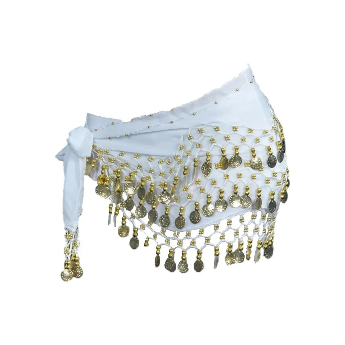 1X 3Rows Belly Dance Dancing Hip Scarf Belt Chain Skirt Golden Tone 98 Coin Bead - White