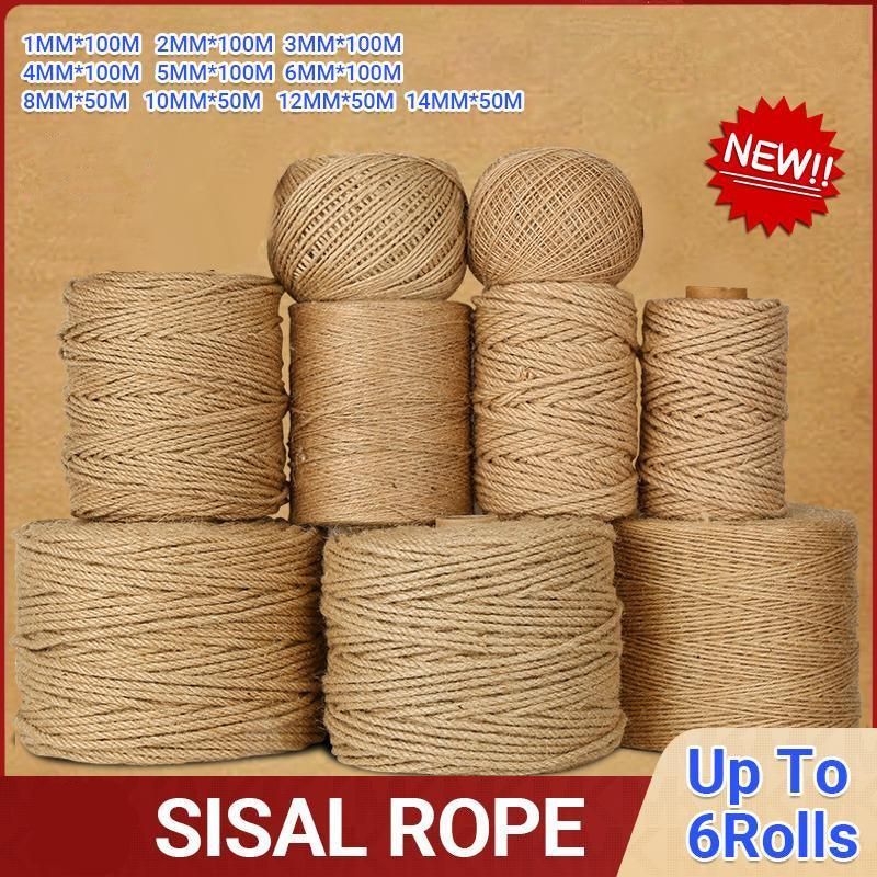 Sisal Rope Natural Jute Hemp Manila Twine String Cord 1-14mm Thick Craft DIY - 5Rolls-2MM*100M