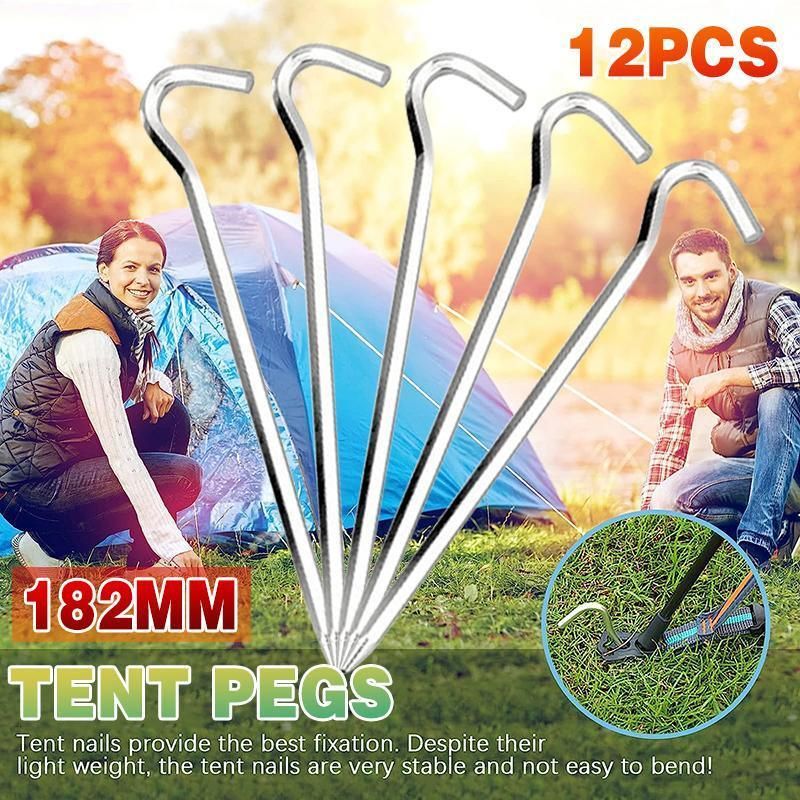 12PCS Heavy Duty Steel Tent Pegs 182mm Camping Ground Stakes for Outdoor Use