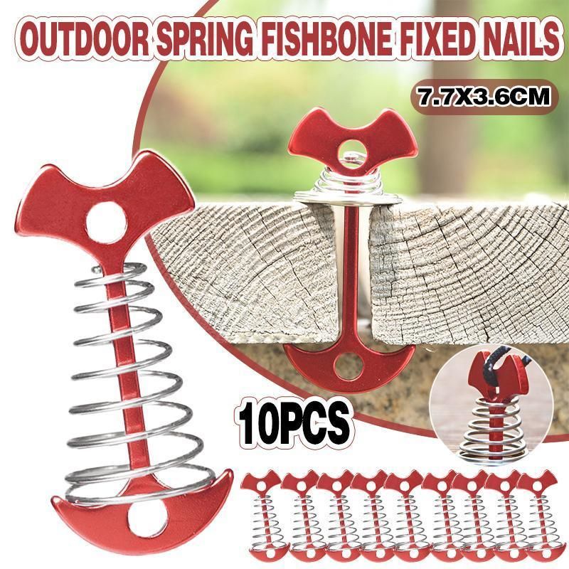 10PCS Spring Fishbone Tent Pegs Deck Anchors for Outdoor Camping and Tarp Setup