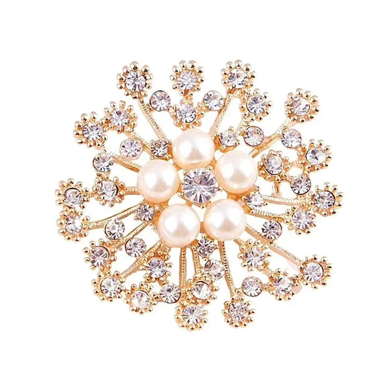 Snowflake Imitation Pearl Brooch Rhinestone Metal Alloy Pin For Coats Dresses - Gold