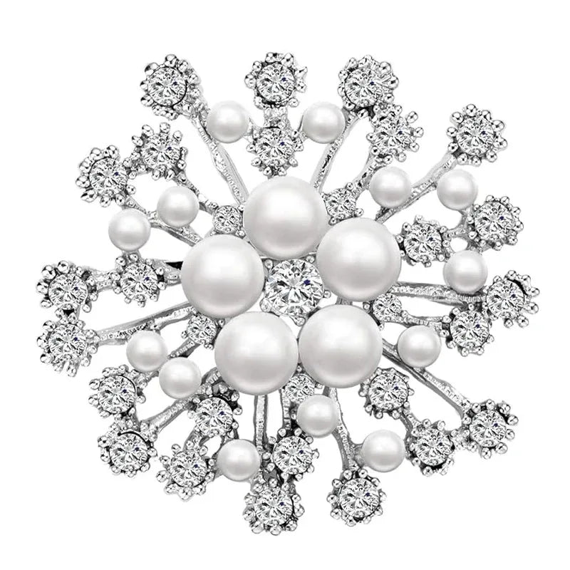Snowflake Imitation Pearl Brooch Rhinestone Metal Alloy Pin For Coats Dresses - Sliver