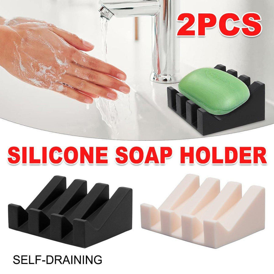 2PCS Silicone Soap Dish Holder Set Non-Slip Draining Soap Box Washable Pad Tray - White