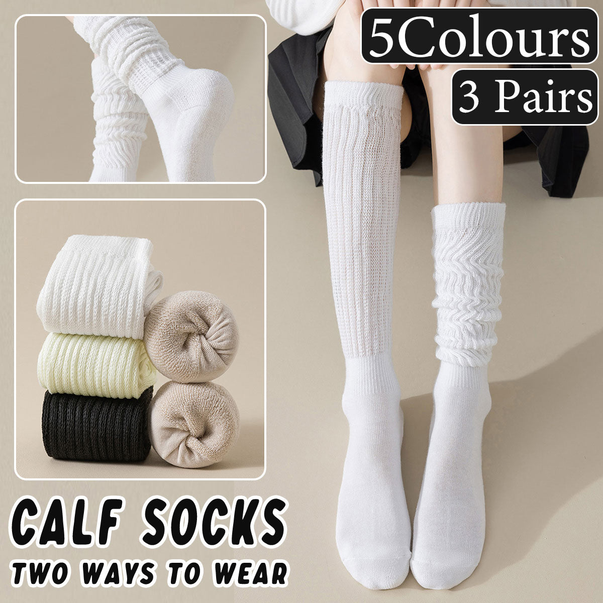 3Pairs Warm Calf Socks Stack Stockings Winter Fall Over Knee High Thick Socks Set - Black