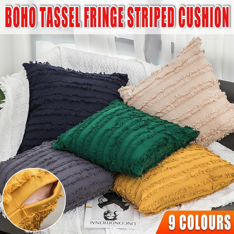 Boho Tassel Fringe Striped Cushion Cover Soft Home Decor Sofa Throw Pillow Case - Navy
