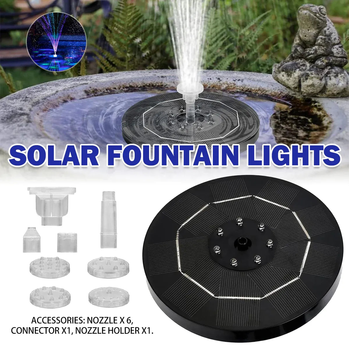 Solar Fountain Bird Bath Fountain Waterproof Auto-On for Outdoor Decoration