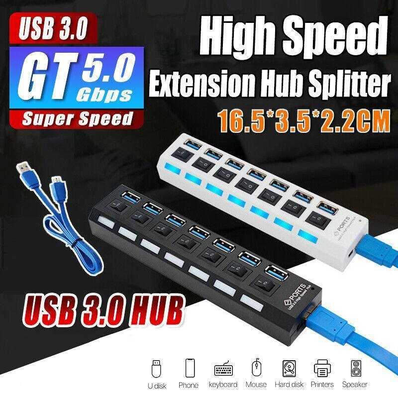 7 Port Usb 3.0 High Speed Extension Hub Splitter Extender For Pc Laptop Macbook - White