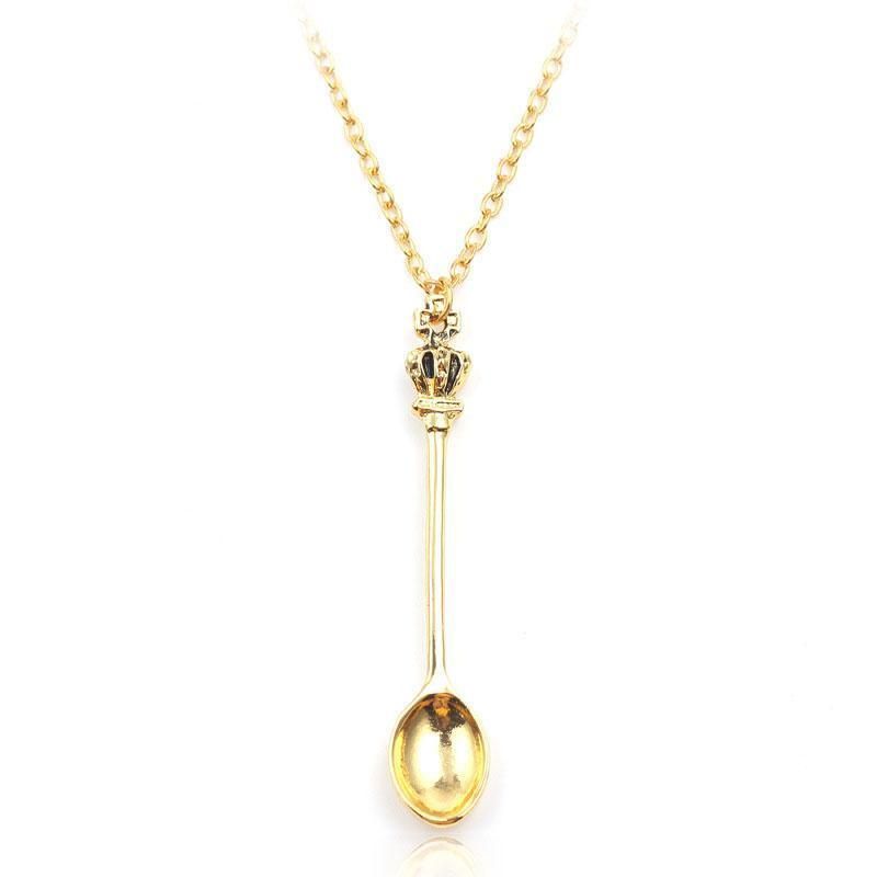 Mini Crown Spoon Necklace Pendant Charm Festival Cutlery Tea Party Gift - Gold