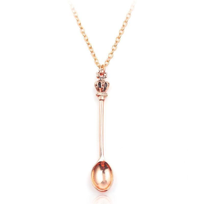 Mini Crown Spoon Necklace Pendant Charm Festival Cutlery Tea Party Gift - Rose Gold