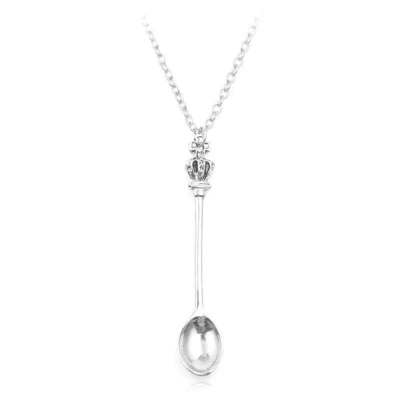 Mini Crown Spoon Necklace Pendant Charm Festival Cutlery Tea Party Gift - Silver