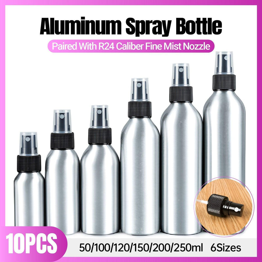 10pcs Travel Size Refillable Aluminum Spray Bottles Toner Cleaning Solution Mist - 10pcs-200ml