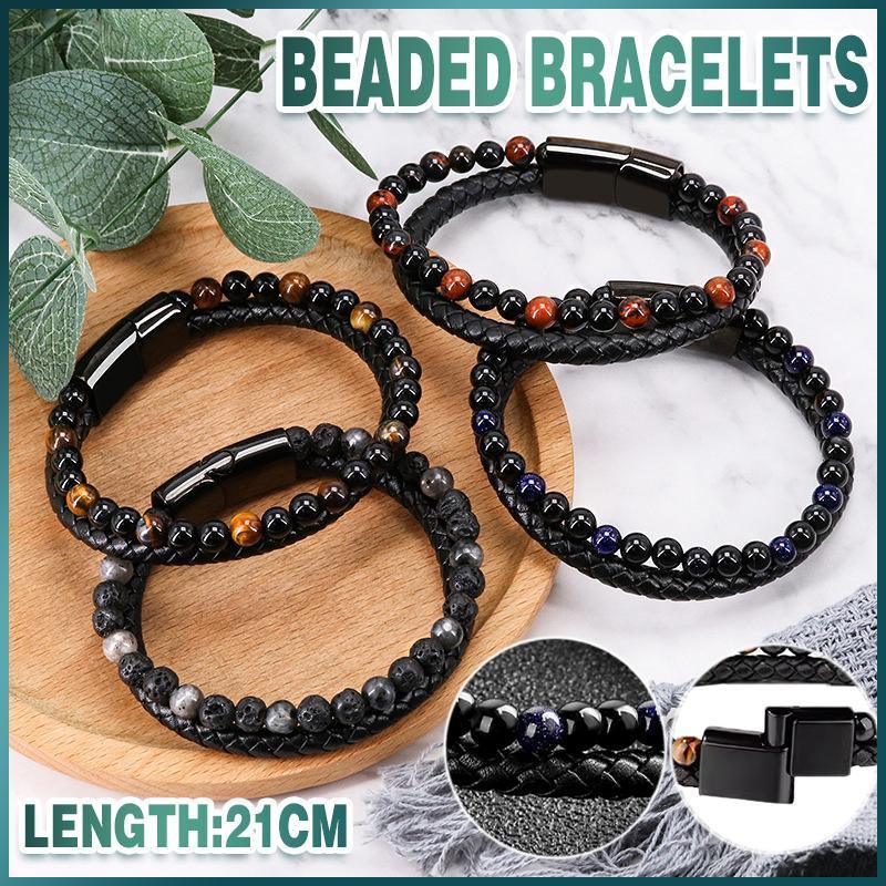 Tiger Eye Natural Stone Beaded Bracelet Women Men Elasticity Bangle hand Jewelry - Grey Lava