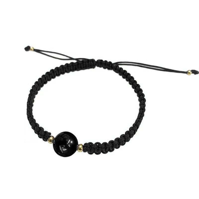 Crystal Peach Blossom Braided Rope Lucky Beads Bracelet Couples Women Men Gift - Black