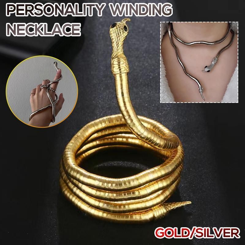 Adjustable Punk Snake Choker Necklace & Flexible Wrap Bracelet Collar Setllar - Silver