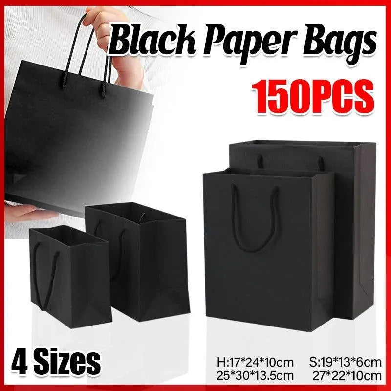150Pcs Bulk Black Paper Bags Gift Shopping Carry Craft Bag With Cutton Handles - 19*13*6cm