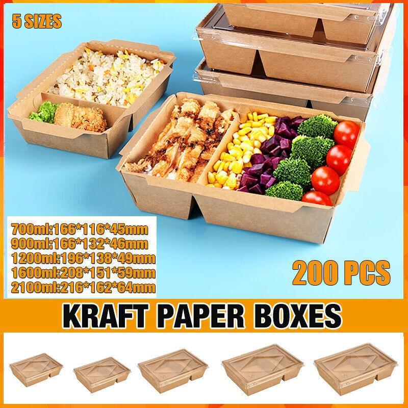 200 x Brown Bento Salad Pasta Rice Kraft Paper Lunch Box Takeaway Food Container - 900ml+PET lid