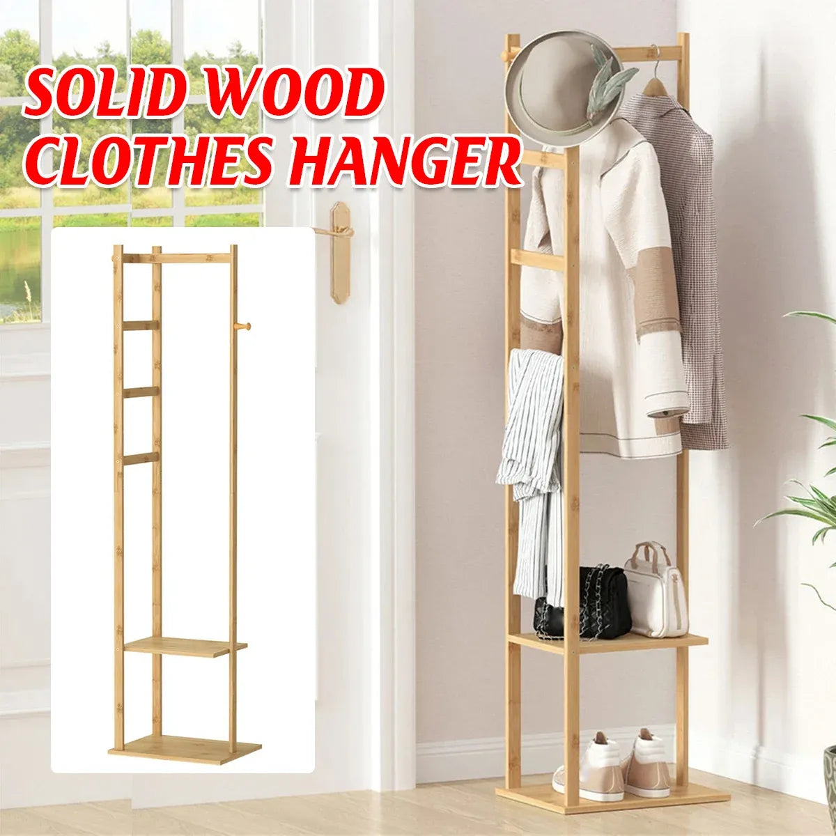 Wooden Rack Freestanding Clothes Hanger Storage Stand Multifunctional Organizer