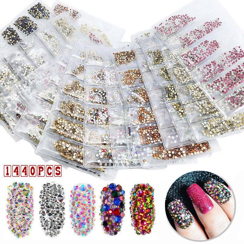 1440Pcs Glitter Rhinestones Crystal Clear Flat Bottom Glass Nail Art Nail Drill - Light Green