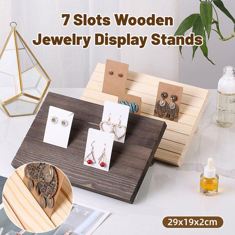 Wooden Earrings and Studs Display Rack Jewellery Organizer Stand 7 Slots Storage - Beige