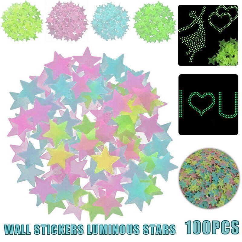 100 Pieces Glow-in-the-Dark Luminous Star Wall Stickers for Bedroom or Ceiling Decor - Yellow