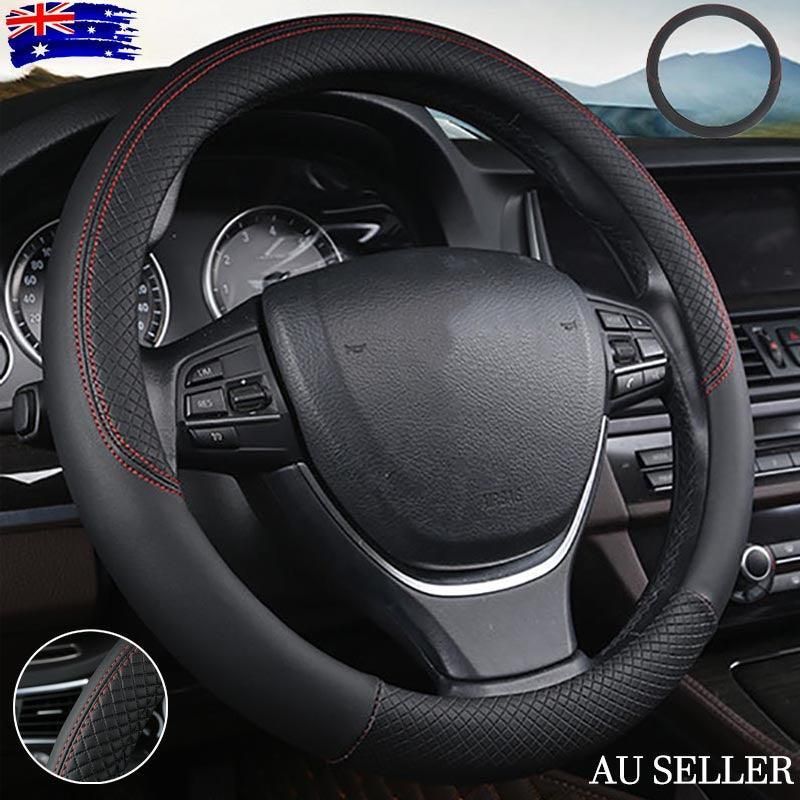 Breathable Car Steering Wheel Black Cover Pu Leather Anti-Slip Interiors 15'' Au