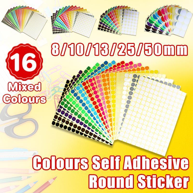 8mm to 50mm Round Dot Stickers Coloured Paper Labels Circles Dot Adhesive Sticky - 50mm 8 Dots -16 Sheets