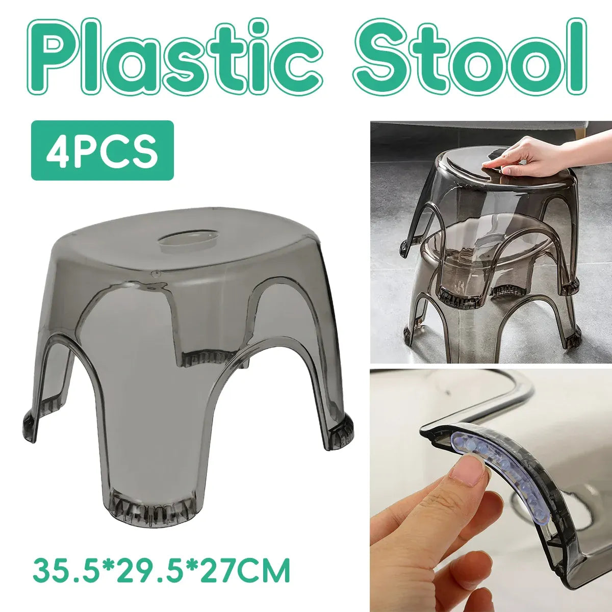 4pcs Transparent Plastic Stool Stackable Anti Slip 35.5 x 29.5 x 27cm Durable