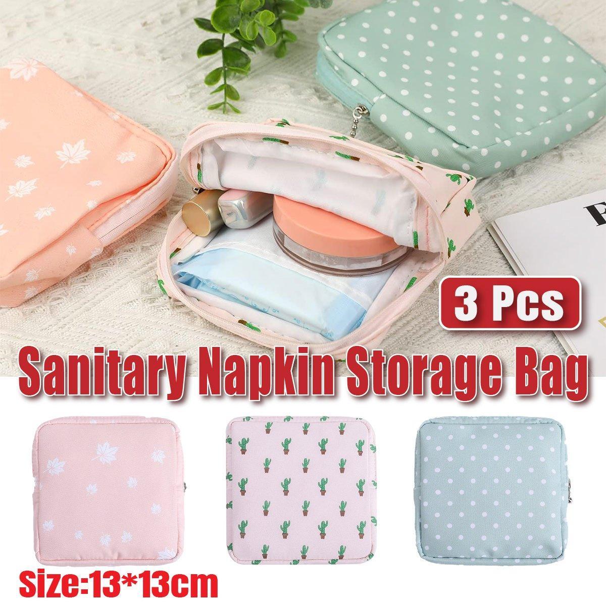 3PCS Cotton Sanitary Napkin Storage Bag Pink Leaves Cactus Dots Portable Pouch