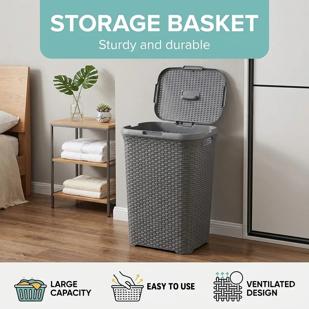 Laundry Basket Plastic Rattan Style Large Capacity Clothes Toy Storage Organizer