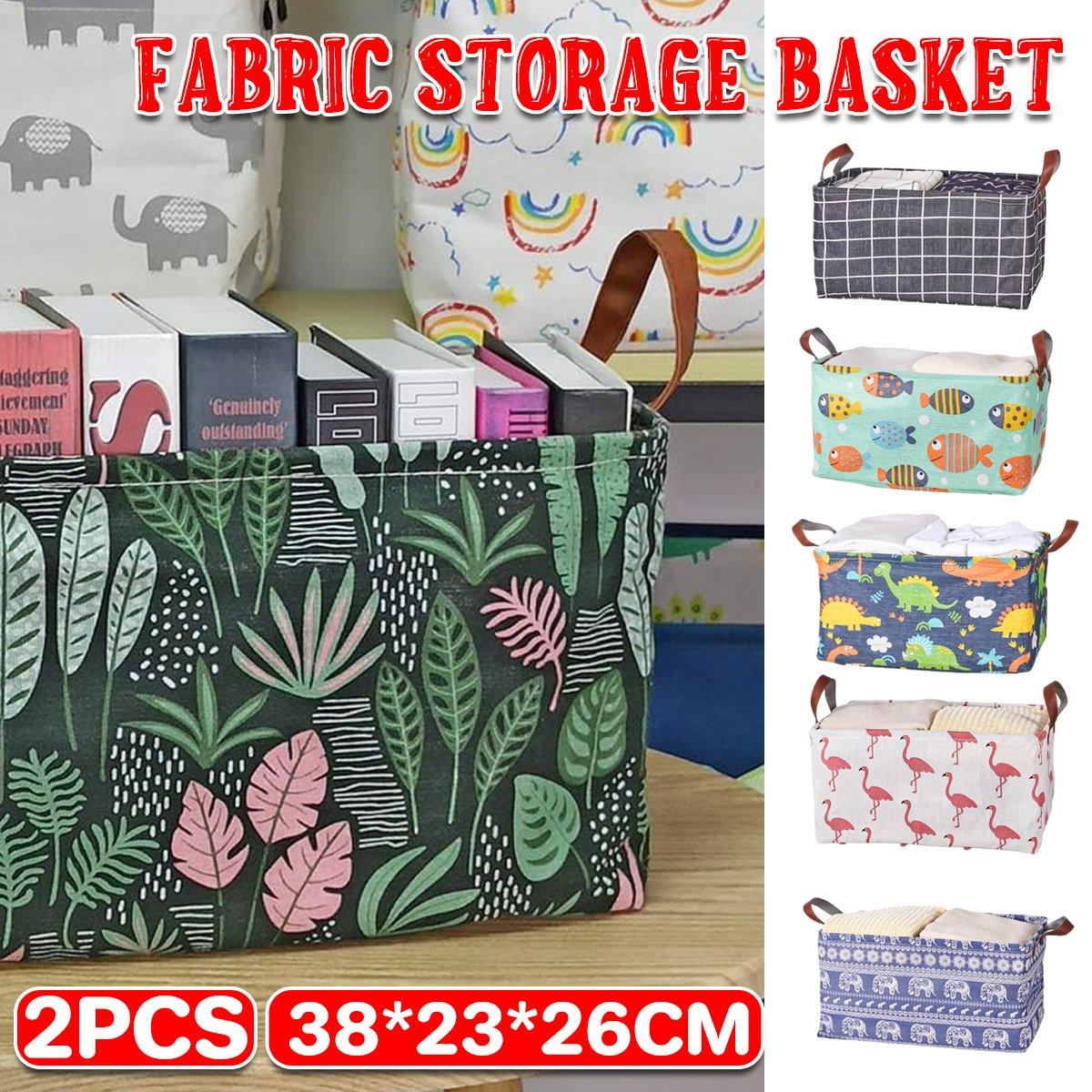 2pcs Foldable Cotton Linen Storage Baskets Home Organizer Box Office Supplies - Dinosaur