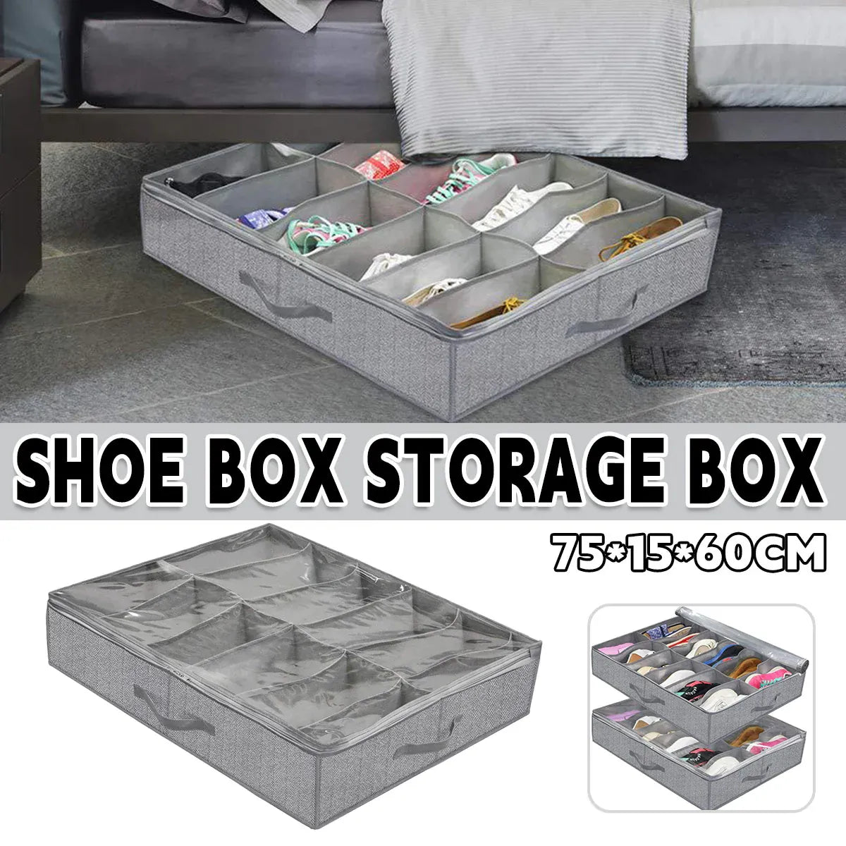 Foldable Shoe Storage Box with Lid Clear Under Bed Organizer Dustproof Visual