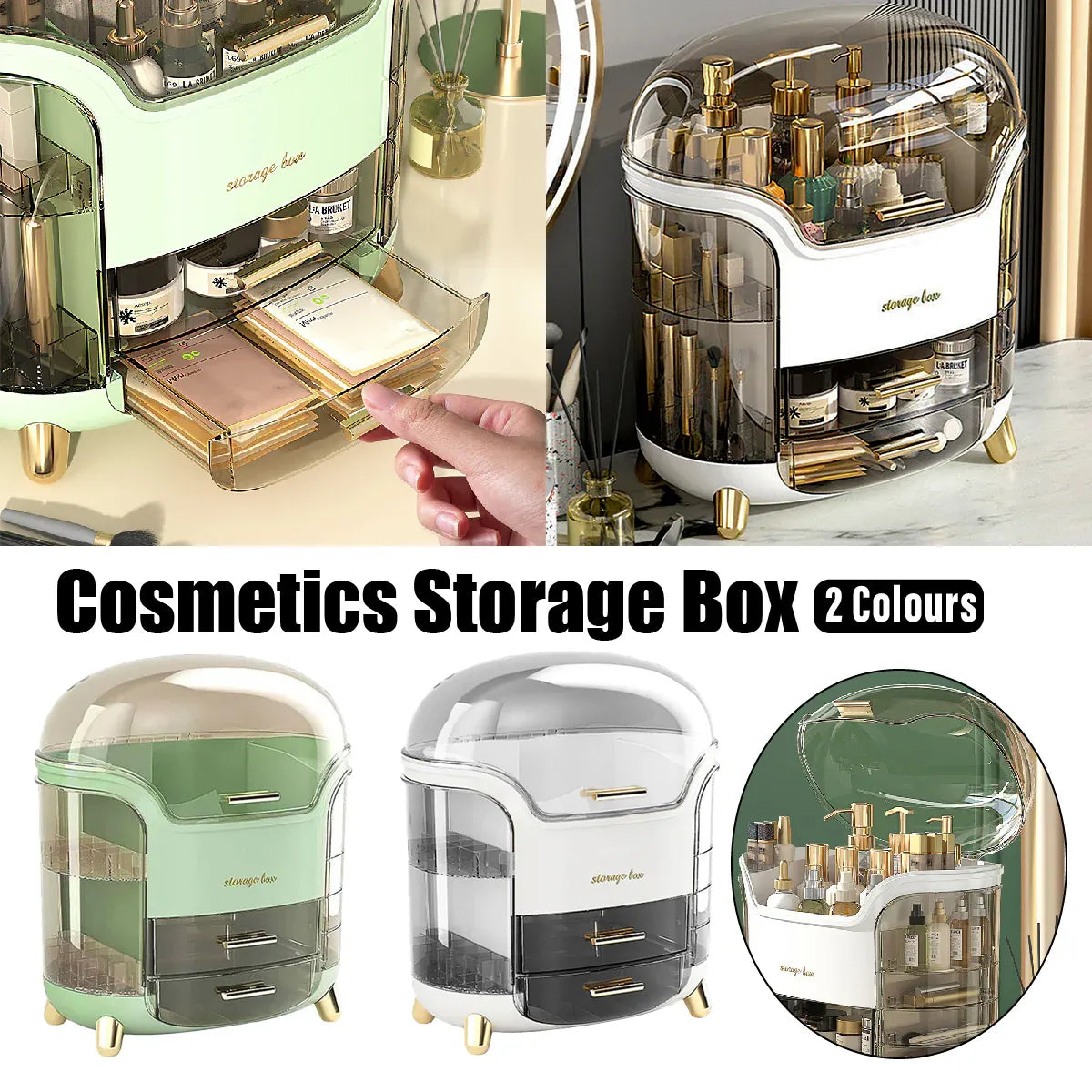Large Capacity Cosmetic Storage Box Dustproof Organizer for Desktop Vanity Shelf - Green