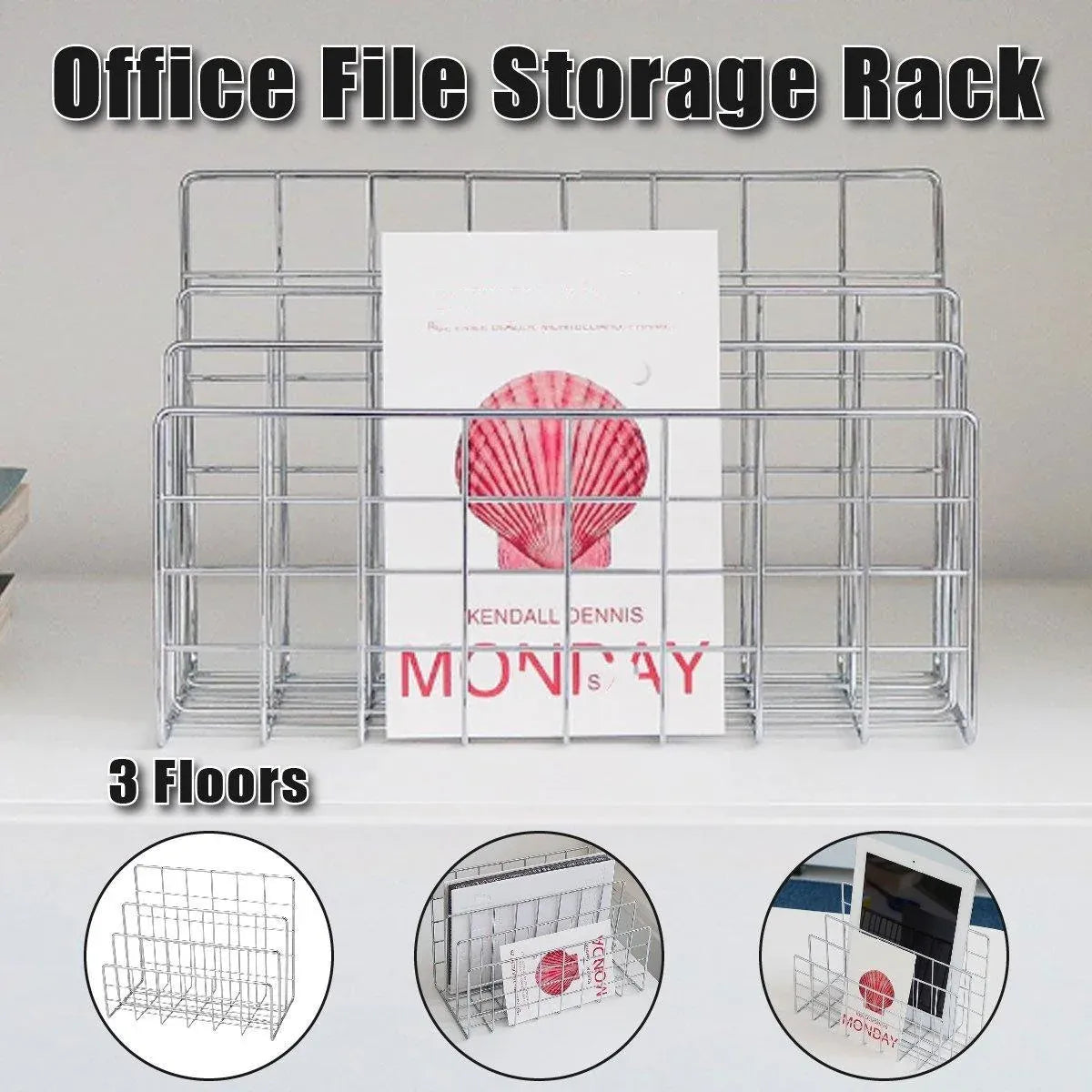 Three Layer Iron Office Document Organizer Rack Magazine Storage Shelf Bookshelf