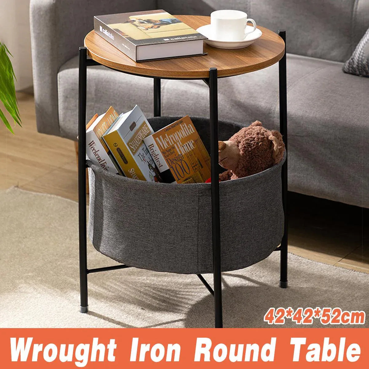 Round Side Table Bedside Storage Basket Modern Home Table with Storage Organizer