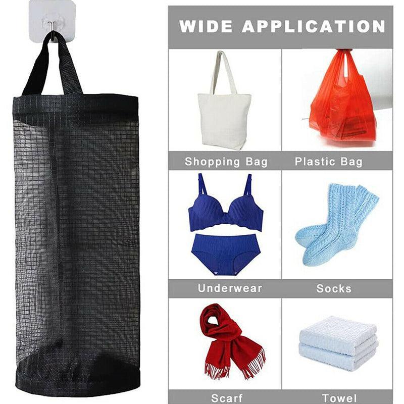 Hanging Mesh Bag Organizer Dispenser for Plastic or Trash Bags Storage Holder - Black