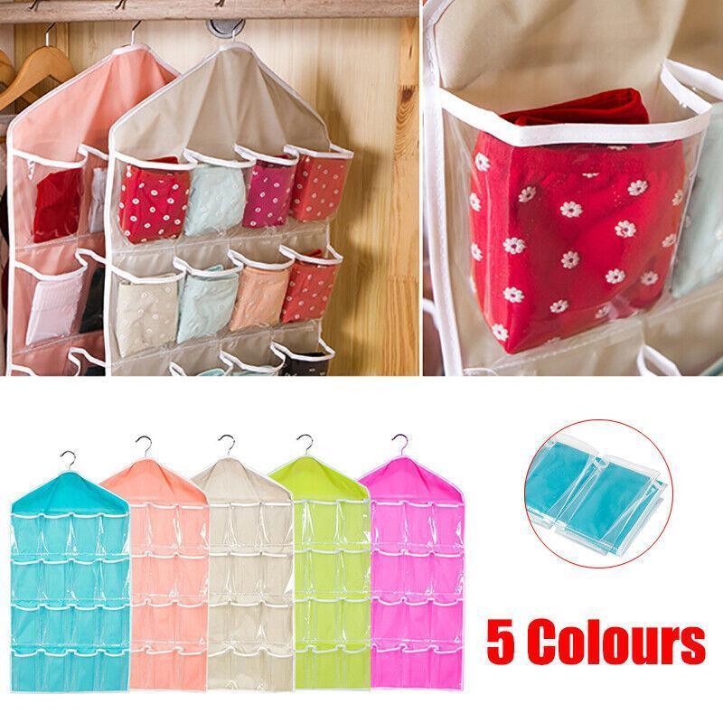 16 Pockets Hanging Wardrobe Storage Organizer Bag for Socks and Underwear - Rose Red