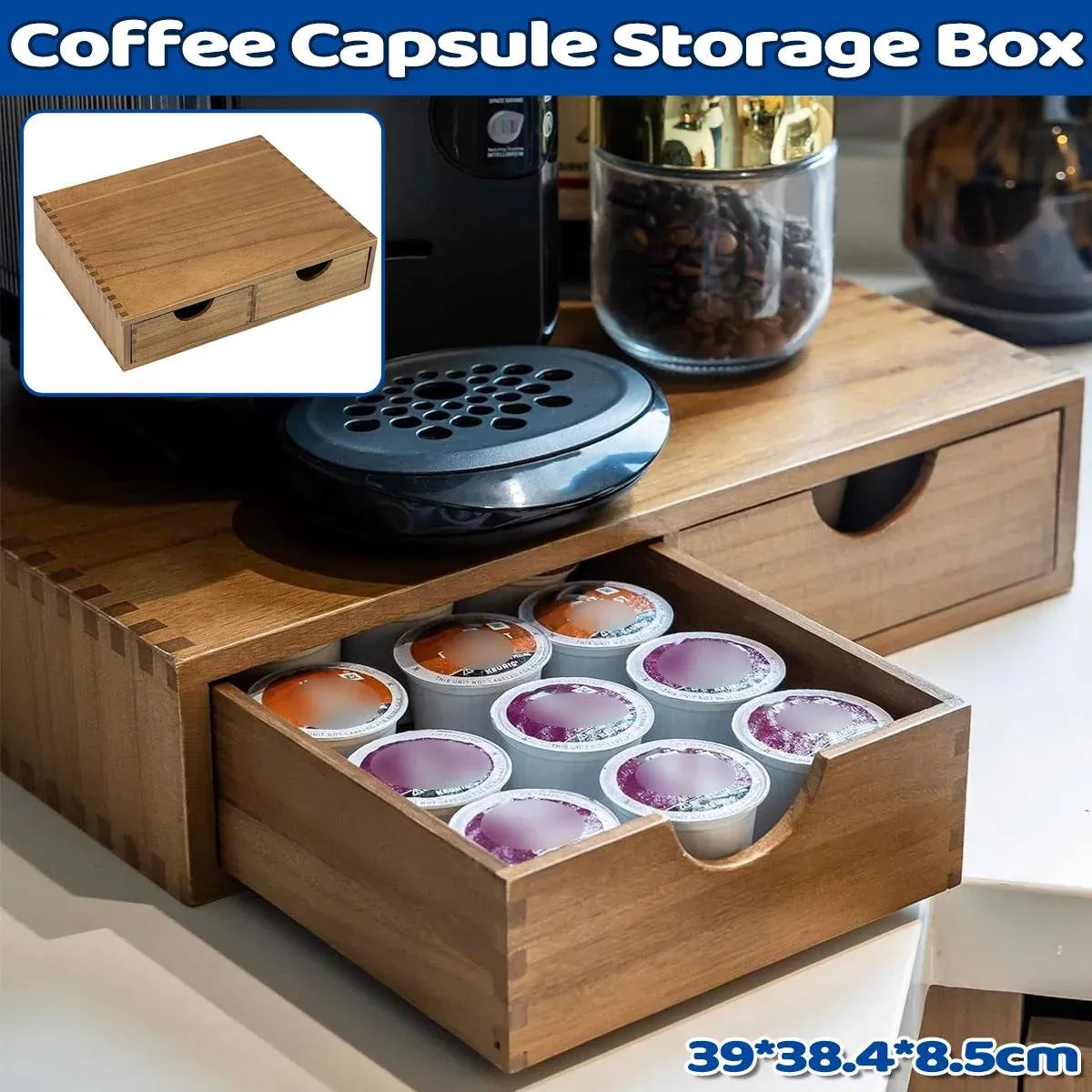 Wooden Coffee Capsule Holder Double Drawer Coffee Machine Stand Countertop Use