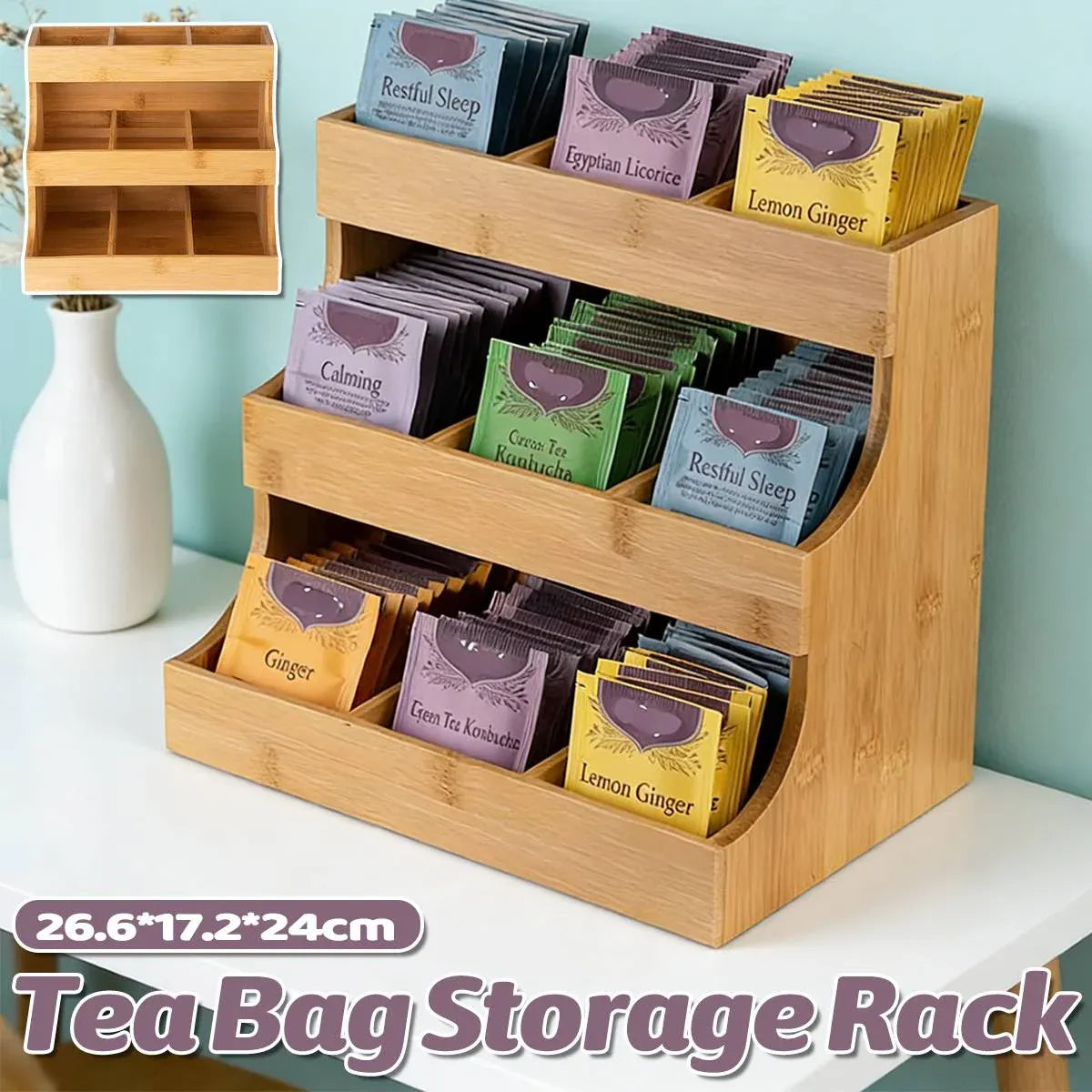 3 Tier Bamboo Storage Rack Tea Bag Coffee Pod Organizer For Countertop Kitchen
