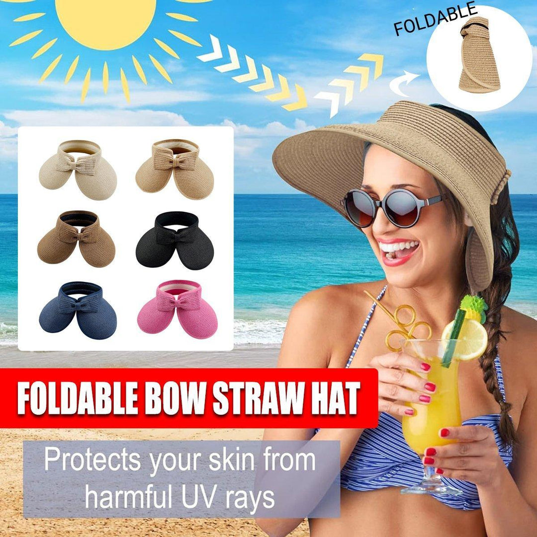 Women Roll Up Sun Visor Wide Brim Straw Hat Summer Foldable UV Protection Cap - Navy Blue