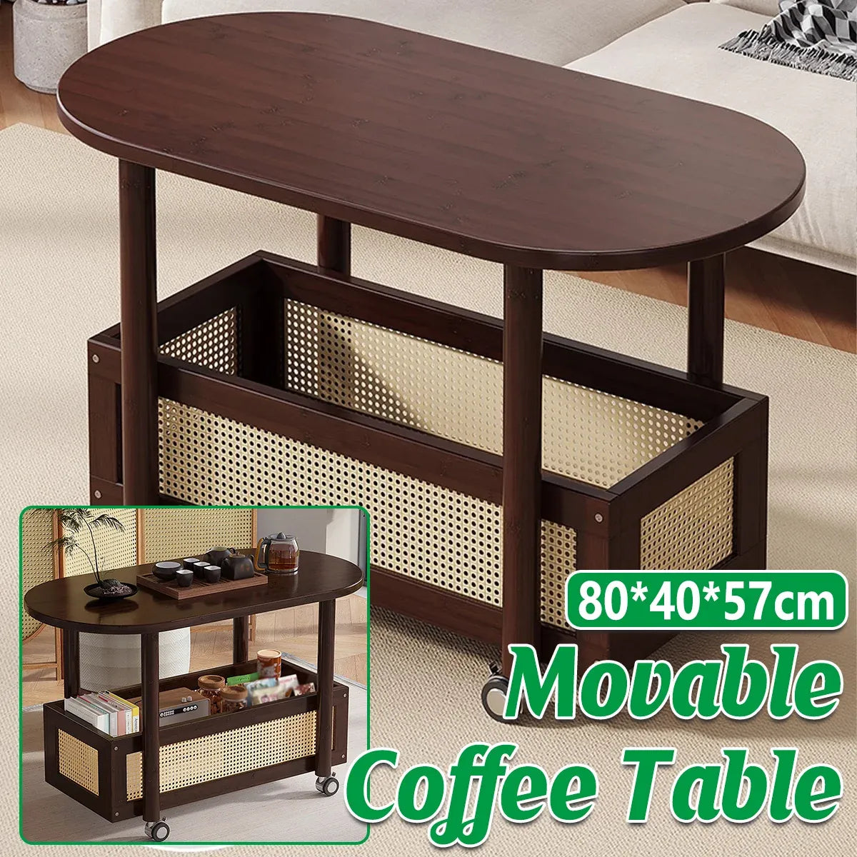 Movable Coffee Table with Wheels Side Table Storage Shelf Living Room